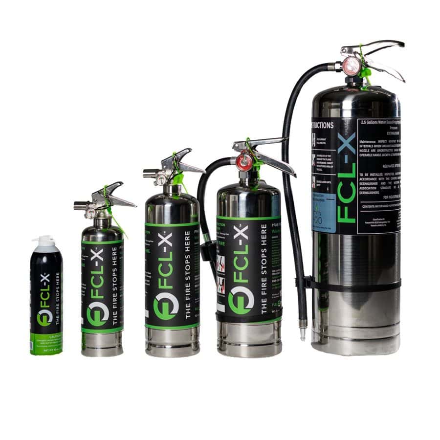 FCL-X portable lineup: 20 oz, 1 Liter, 2 Liter, 3 Liter, and 2.5 Gallon / 9 Liter extinguishers